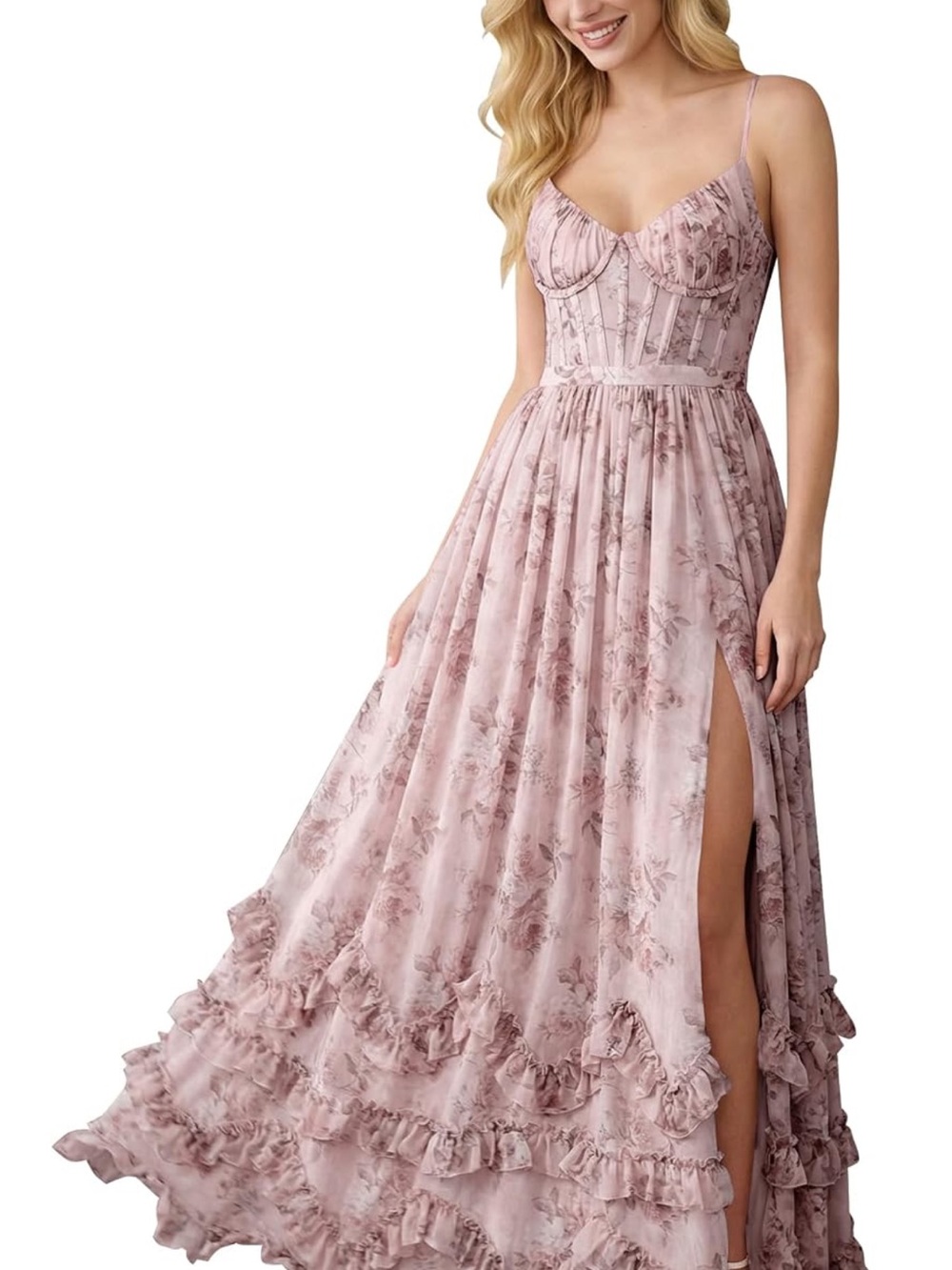 Blush Pink Floral Ruffled Maxi Dress with Bustier Bodice
